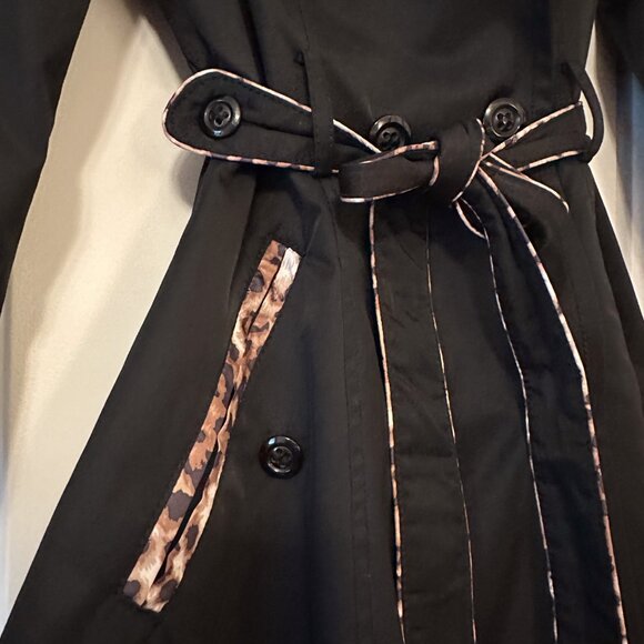 Betsey Johnson Black Button Leopard Detail Trench Coat XS - Picture 3 of 7